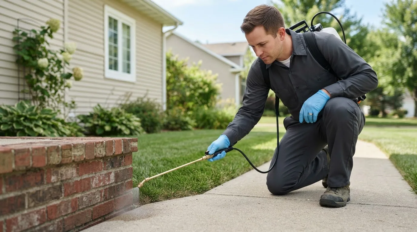Pest control technician treating a home near Refugio, TX