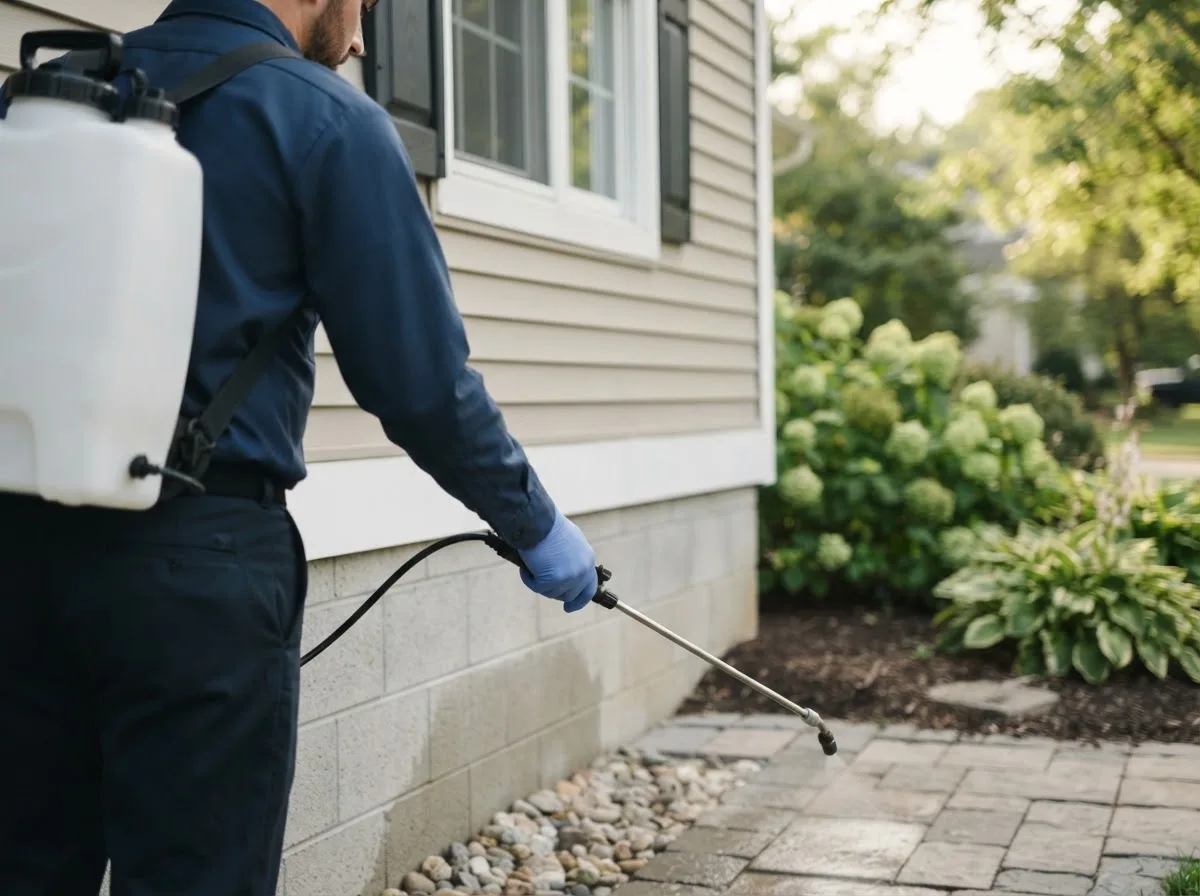 Pest control technician inspecting a home in Refugio, TX
